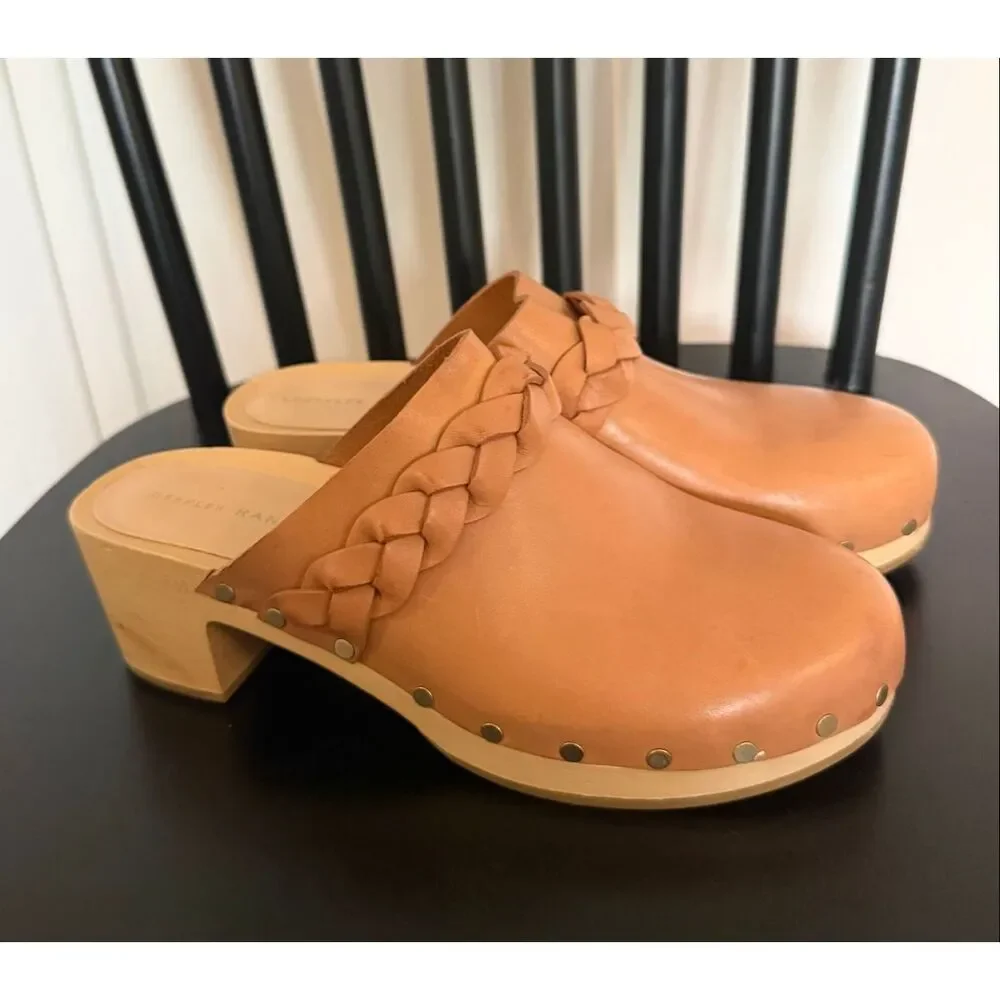 Loeffler Randall Lupa leather tan braided details clogs size 6 honey